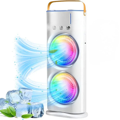 Ventilator portabil cu pulverizare apă, 37 x 16 cm, rezervor pentru apă și gheață, alimentare prin cablu USB, LED multicolor