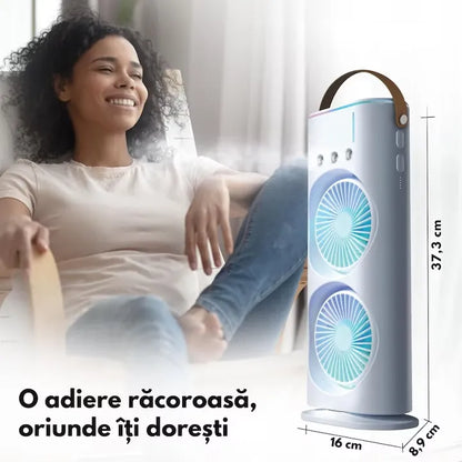 Ventilator portabil cu pulverizare apă, 37 x 16 cm, rezervor pentru apă și gheață, alimentare prin cablu USB, LED multicolor