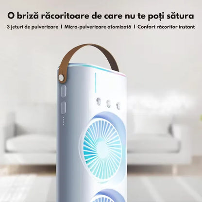 Ventilator portabil cu pulverizare apă, 37 x 16 cm, rezervor pentru apă și gheață, alimentare prin cablu USB, LED multicolor
