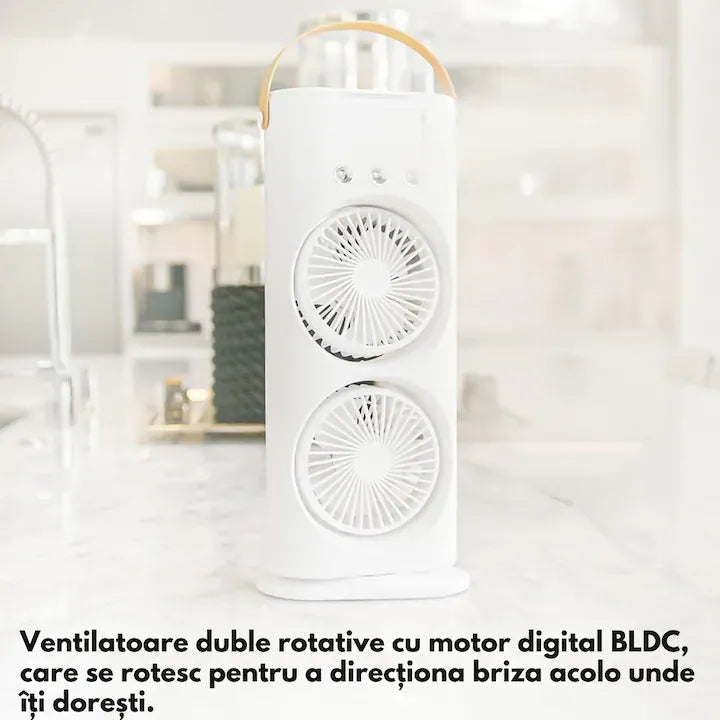 Ventilator portabil cu pulverizare apă, 37 x 16 cm, rezervor pentru apă și gheață, alimentare prin cablu USB, LED multicolor