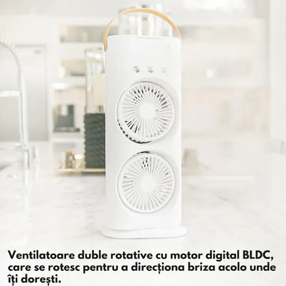 Ventilator portabil cu pulverizare apă, 37 x 16 cm, rezervor pentru apă și gheață, alimentare prin cablu USB, LED multicolor