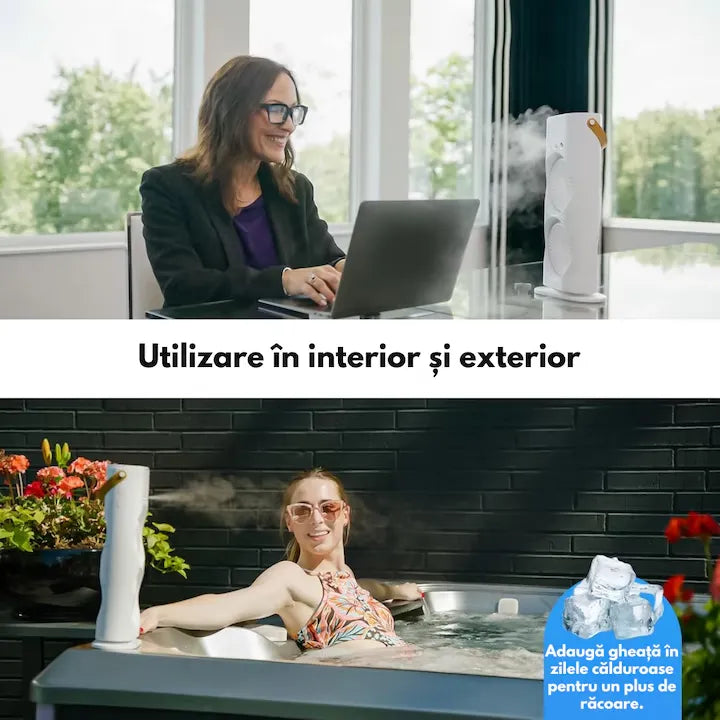 Ventilator portabil cu pulverizare apă, 37 x 16 cm, rezervor pentru apă și gheață, alimentare prin cablu USB, LED multicolor