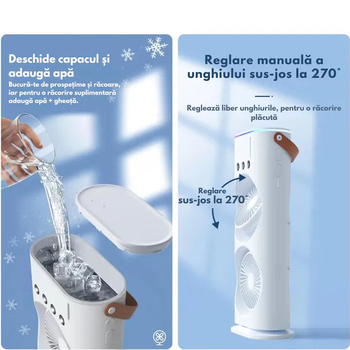 Ventilator portabil cu pulverizare apă, 37 x 16 cm, rezervor pentru apă și gheață, alimentare prin cablu USB, LED multicolor