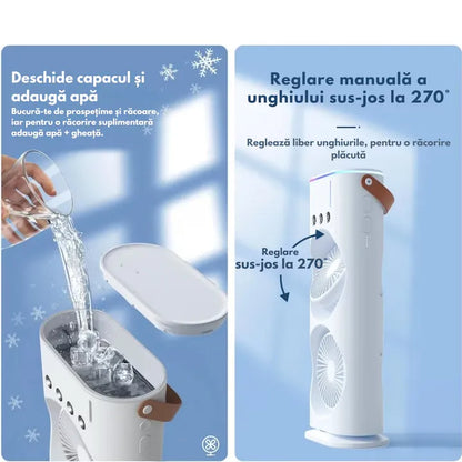 Ventilator portabil cu pulverizare apă, 37 x 16 cm, rezervor pentru apă și gheață, alimentare prin cablu USB, LED multicolor
